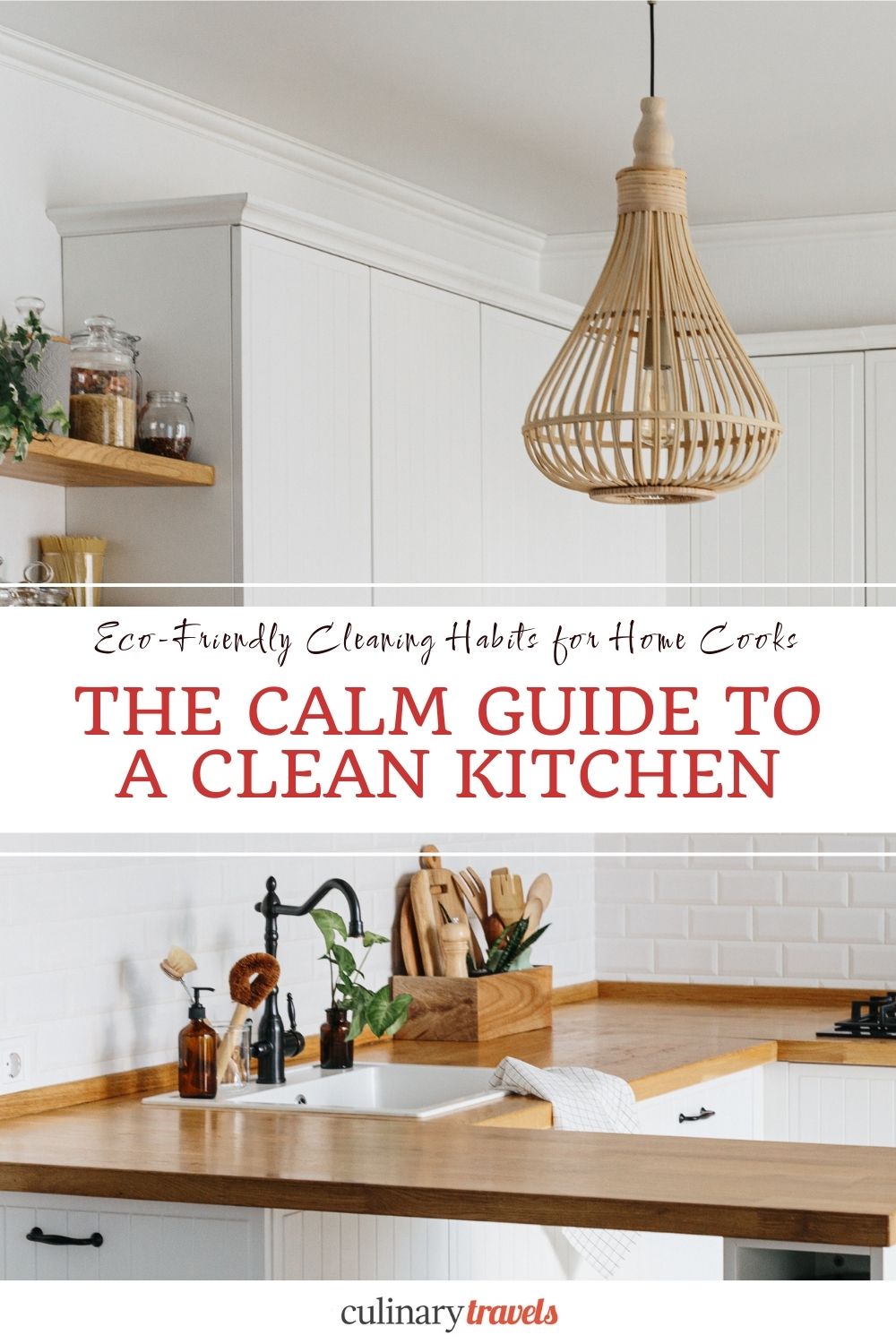 Eco-friendly kitchen cleaning habits graphic showing a light, modern kitchen with wooden worktops and natural cleaning tools beside the sink.